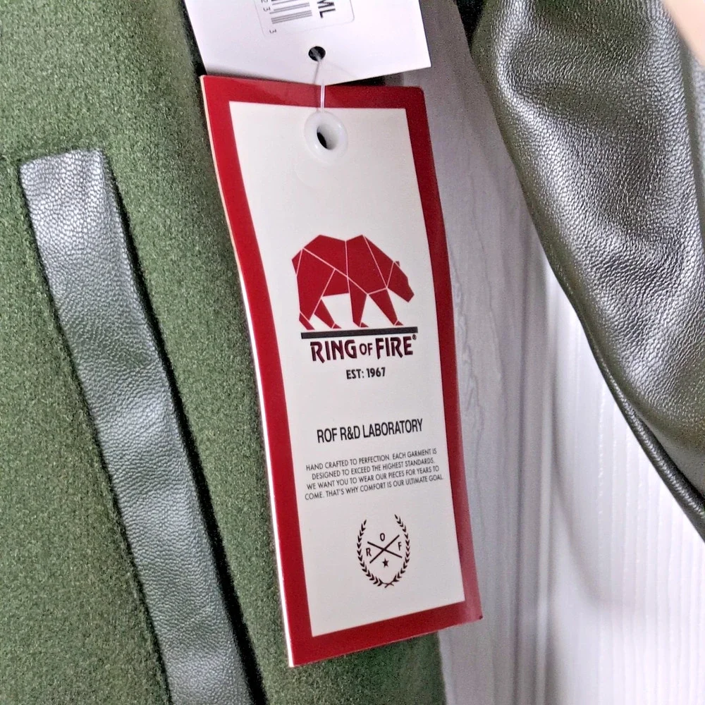Ring of Fire Boys HANAN Varsity Jacket Patches Olive Green Faux Leather S 8